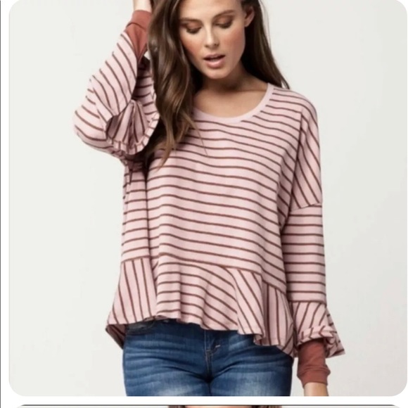 Free People We The Free Waffle Knit Stripe Peplum Ruffle Top Long Sleeve - Picture 3 of 4
